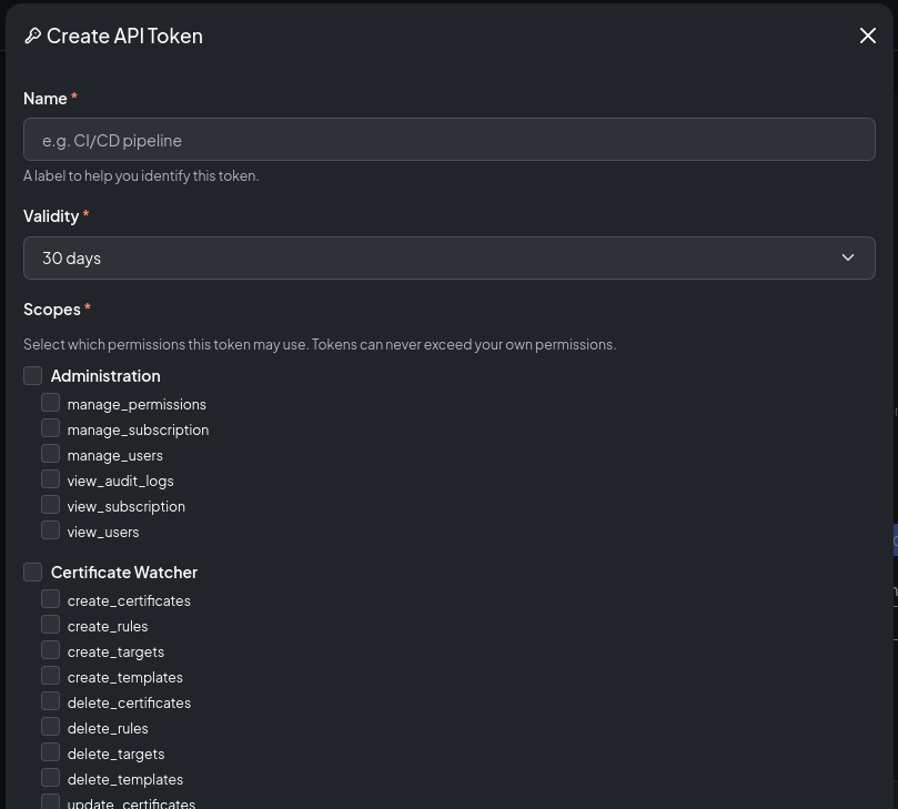 The Create Token modal showing the permission scope selector