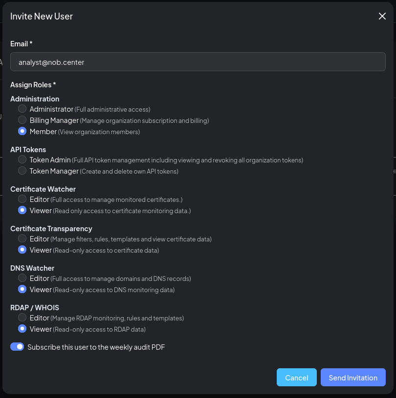 The Invite User modal showing module role assignment