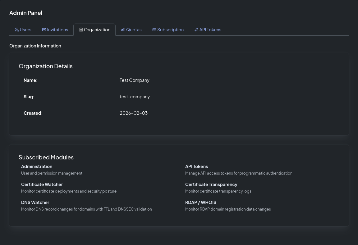 The Administration overview page