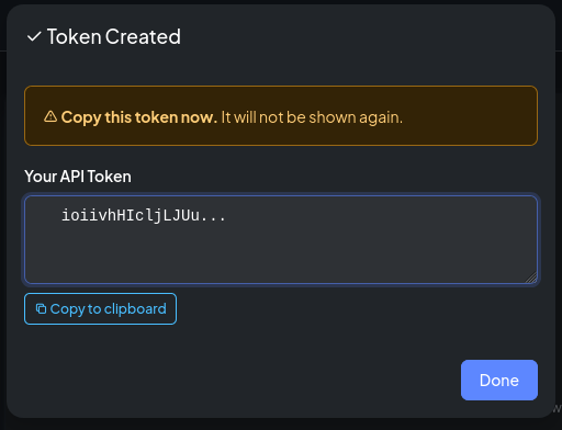 The token value shown immediately after creation — copy it now