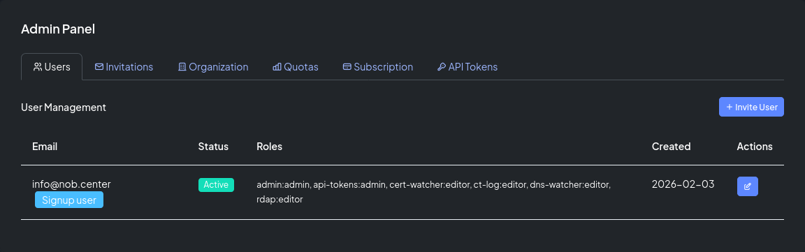 The Users list showing active and disabled members with their module roles