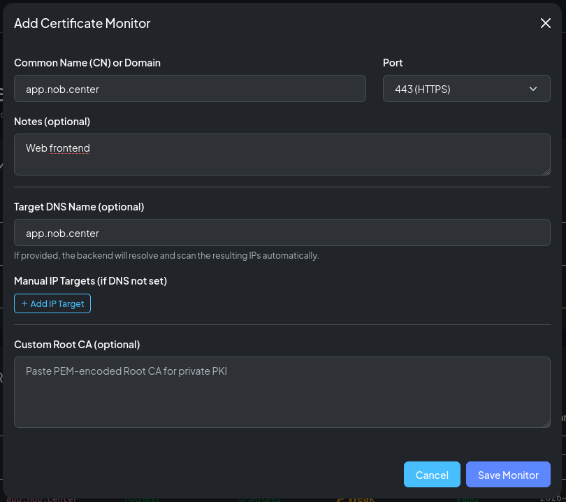 The Add Monitor modal
