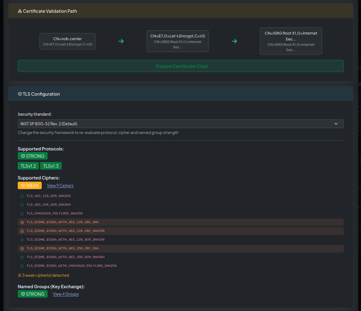 Security framework analysis panel in the scan detail view