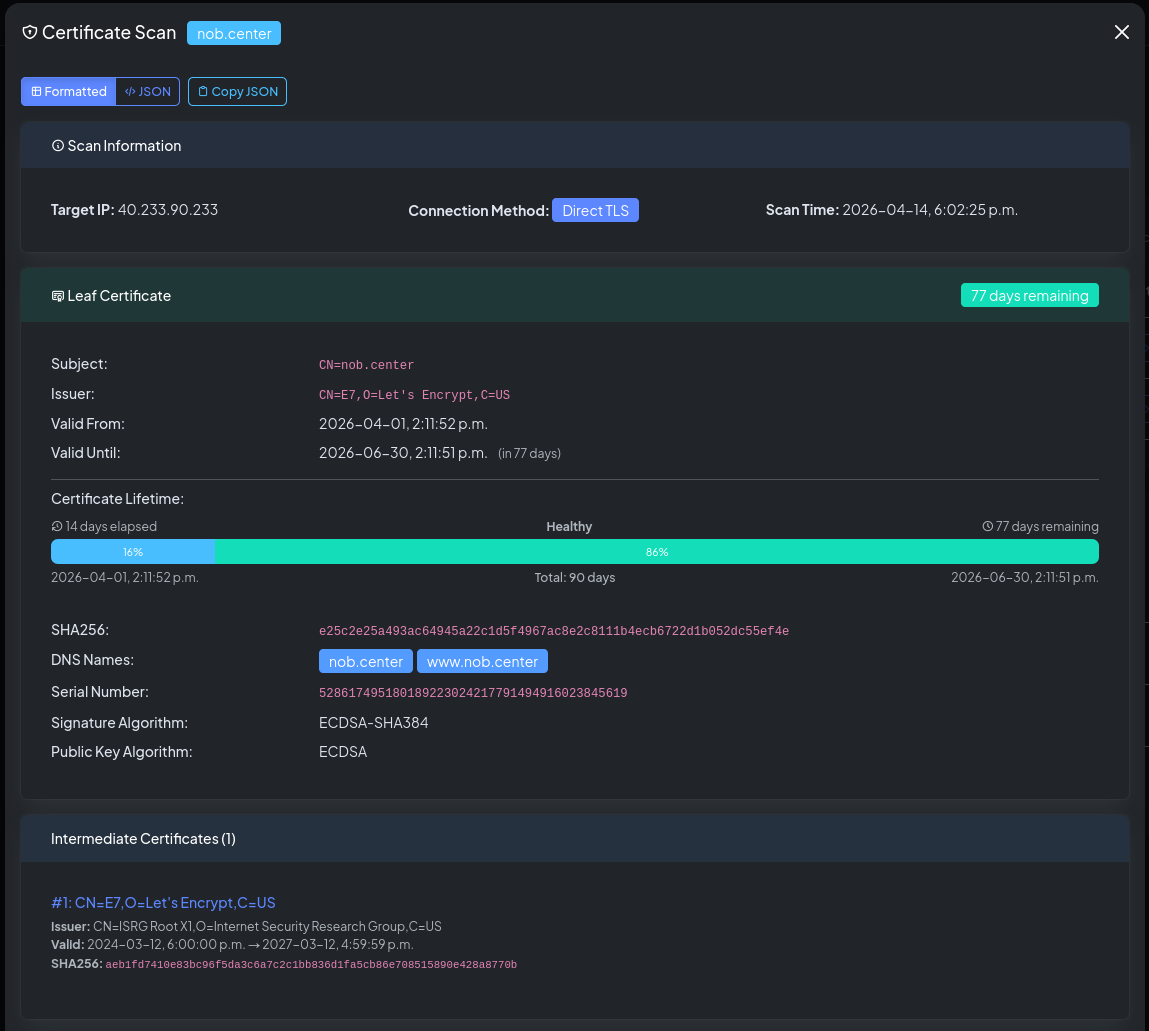 Scan history for a monitor, showing one result per target per check cycle