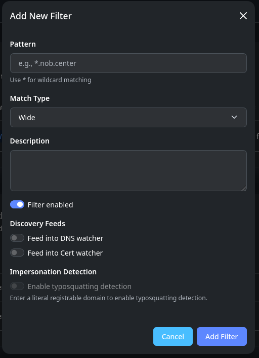 The Add Filter modal with Typosquatting Detection enabled