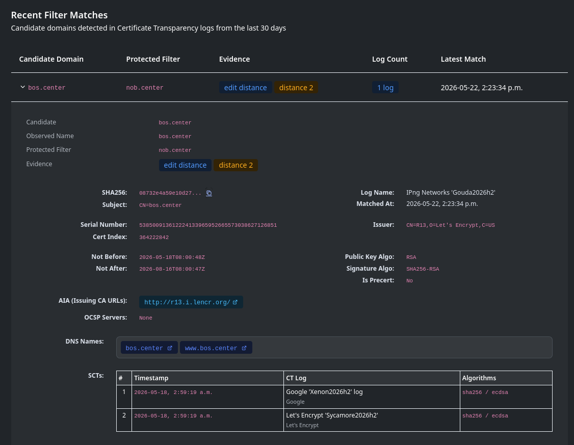An expanded typosquatting match with evidence and certificate details