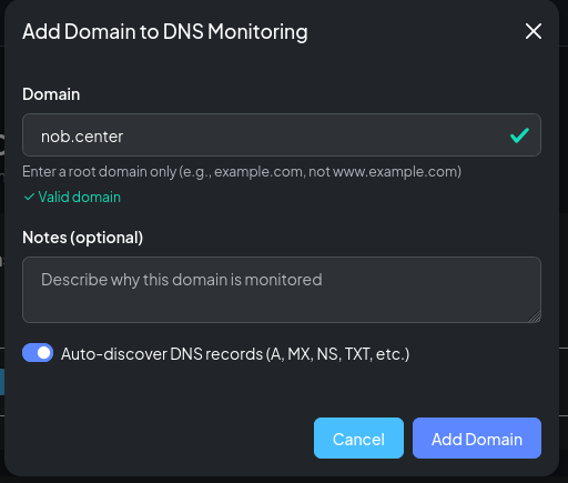The Add Domain modal