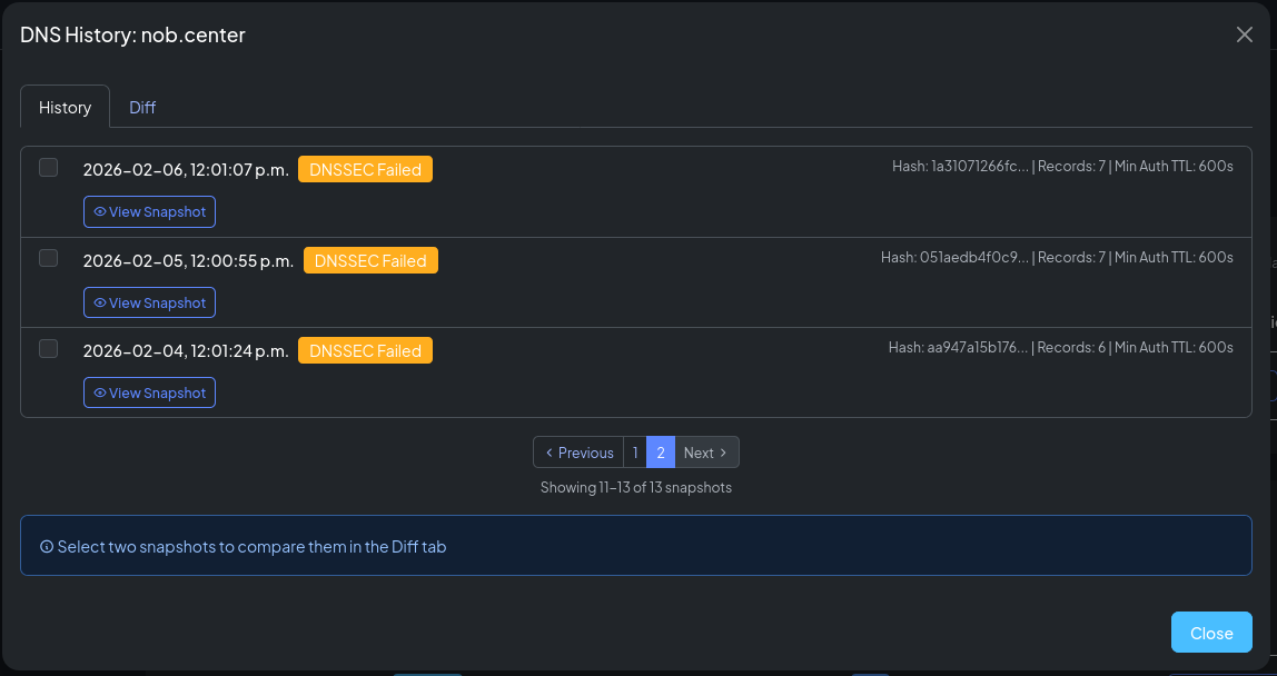 Snapshot history list for a domain