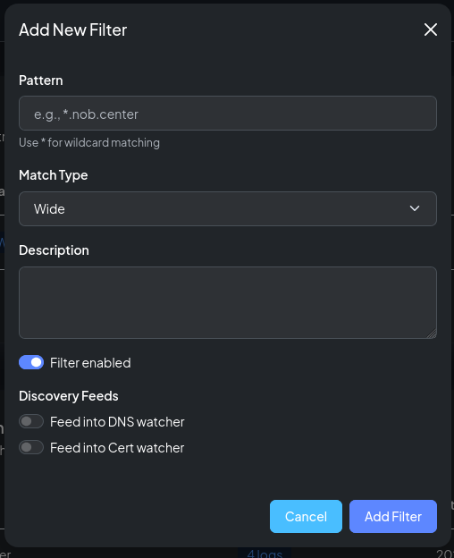 The Add Filter modal with wide match selected