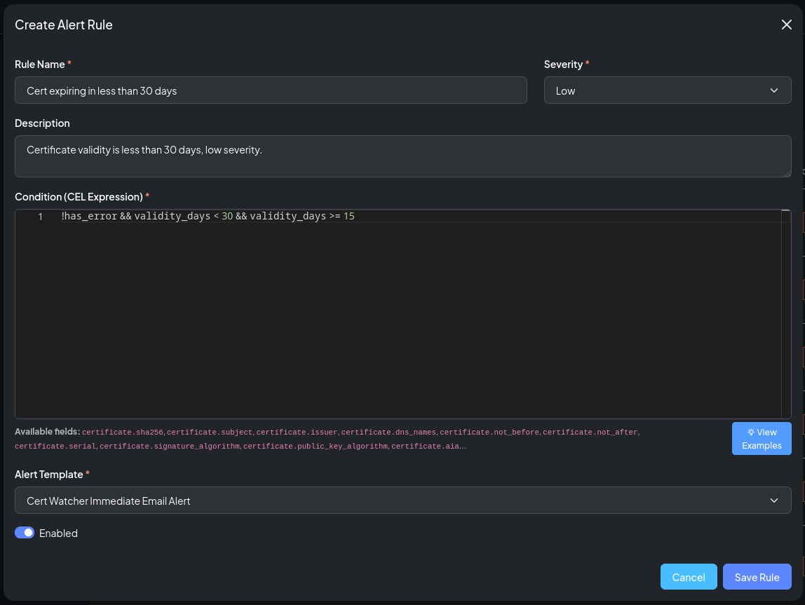 The alert rule editor with CEL condition and Monaco editor