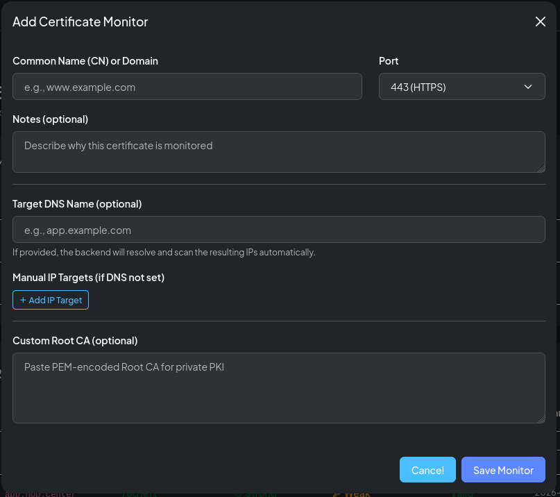 Adding a certificate monitor with DNS-based auto-resolution