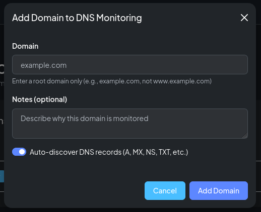 The Add Domain modal with auto-discover enabled