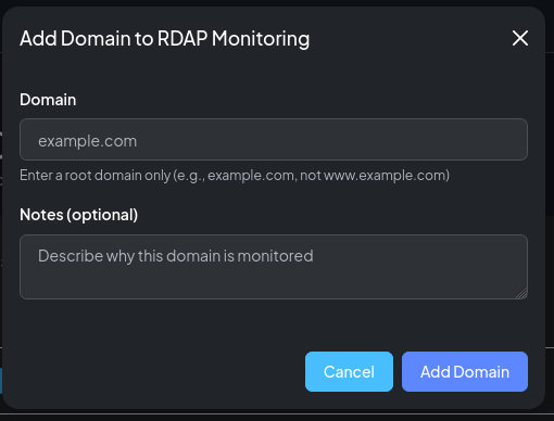 Adding a domain to RDAP monitoring