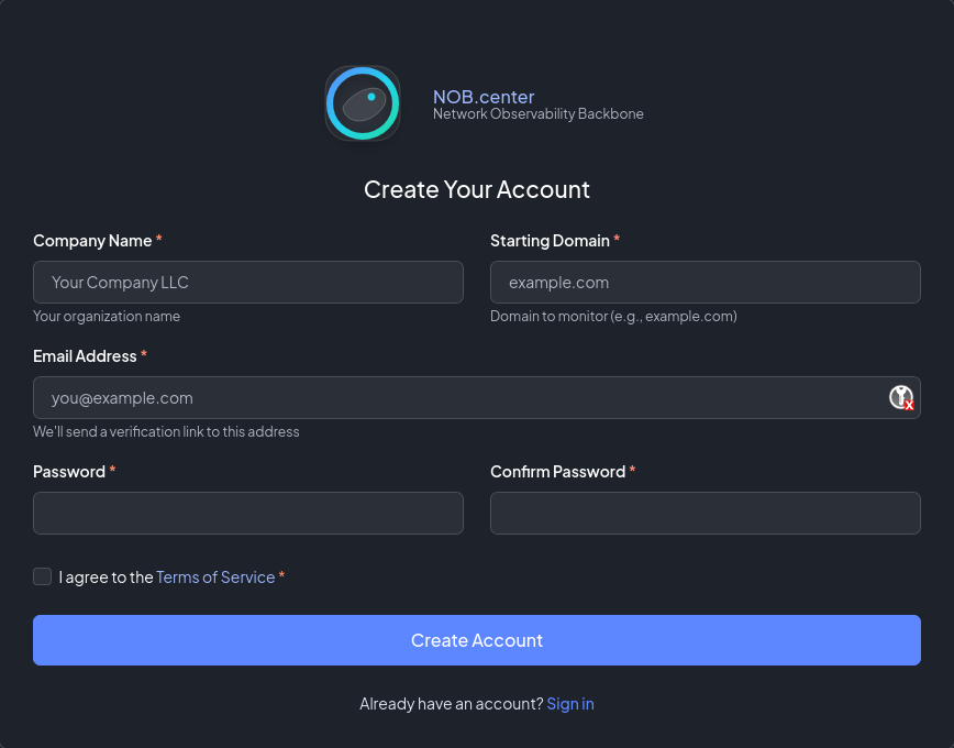The signup form at app.nob.center/signup