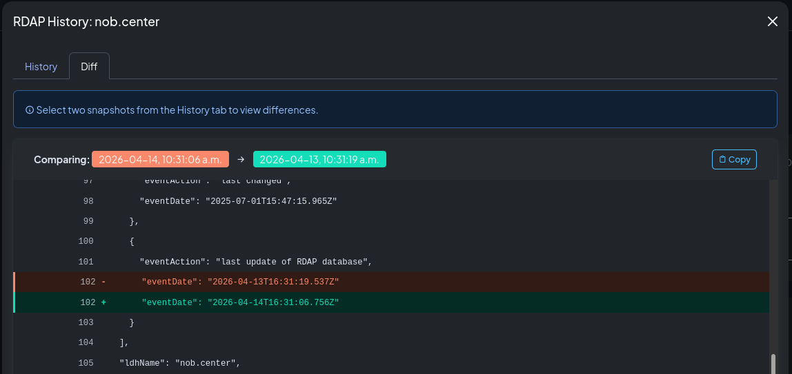 Side-by-side diff between two RDAP snapshots
