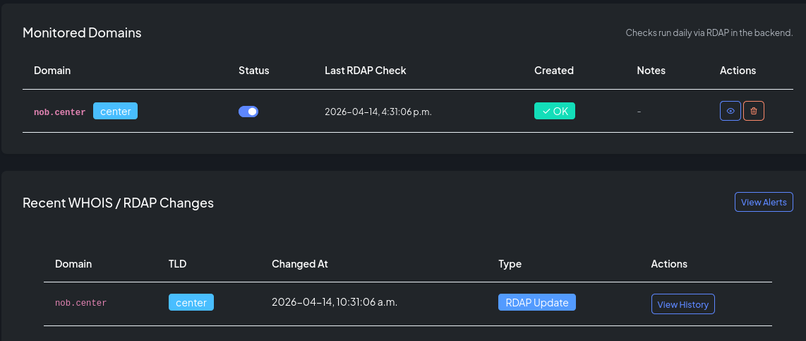 The RDAP monitoring domain list with status indicators