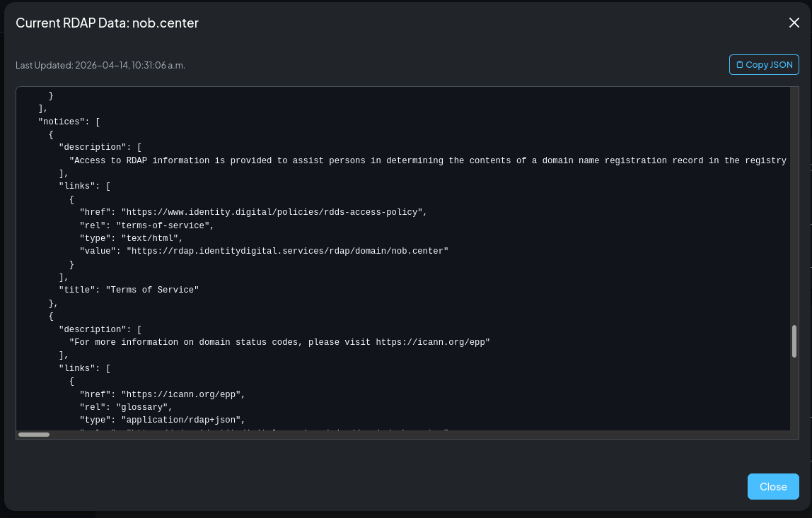 A single RDAP snapshot in JSON view